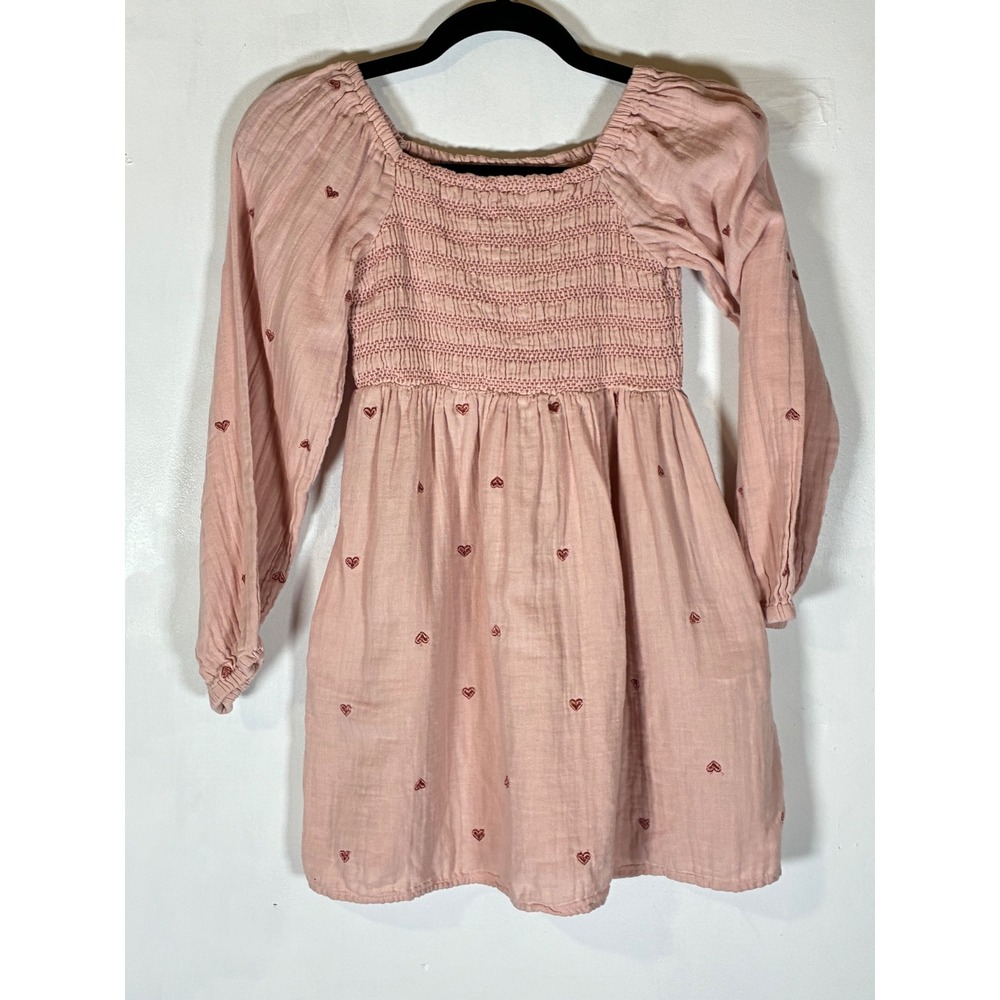 Cat & Jack Girls Medium Pink Heart Smocked Cotton Gauze Puff Sleeve Dress